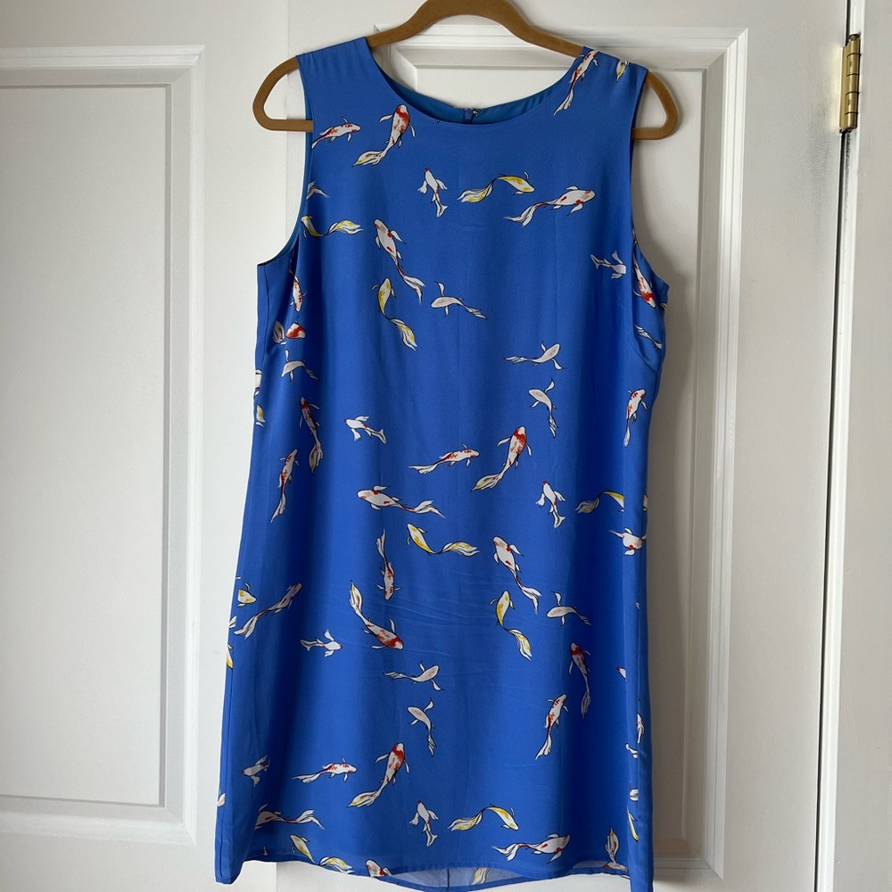 Blue Sleeveless Silk, Shift Dress with Fish Print